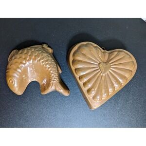 Copper tin lined Fish Heart Jello Mold Lot Pan Brass Ring hanging Korea vintage